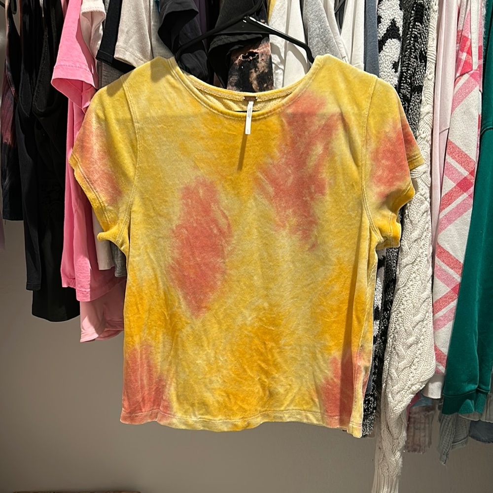 Free People Yellow and Pink Tie-Dye Velvet Crop Top
